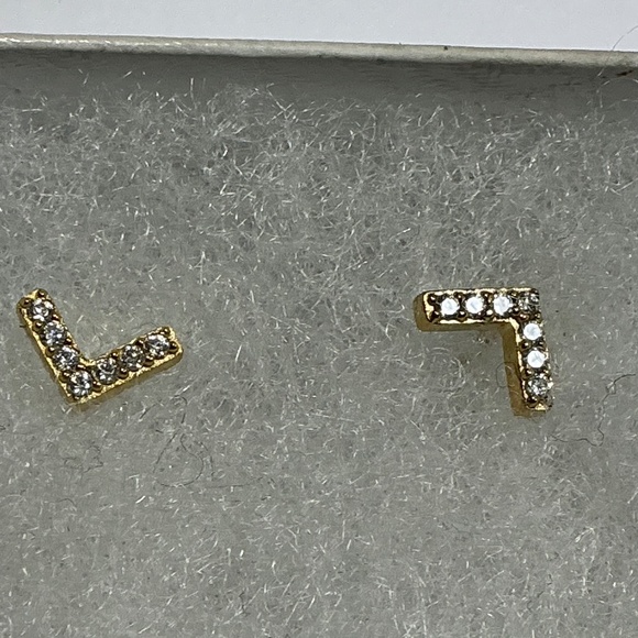 Sterling Silver V shaped stud earrings with clear stones gold tone - Picture 1 of 6